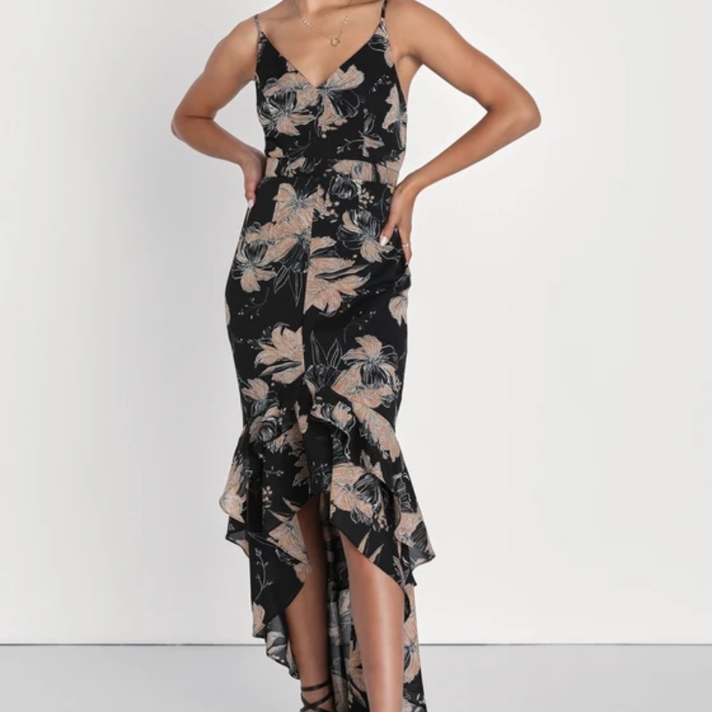 Black Floral Print High-Low Maxi Dress